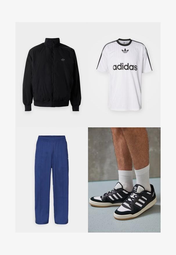 Zwarte geluiting jack met hoge kraag, gemaakt van lichtgewicht materiaal. Voorzien van elastische manchetten en tailleband, met een klein logo op de linkerbovenkant.; Witte Adidas t-shirt met zwarte accenten, een ronde hals en een groot zwart logo op de voorkant. Korte mouwen met zwarte strepen. Gestructureerde stof.; Marineblauwe, losse broek met een elastische tailleband, voorzien van twee voorkruis en subtiele zijaccenten voor extra detail.; Zwart-witte sneakers met een bovenwerk van suede en leer, voorzien van drie witte strepen, een geperforeerde neus en een rubberen gumzool.