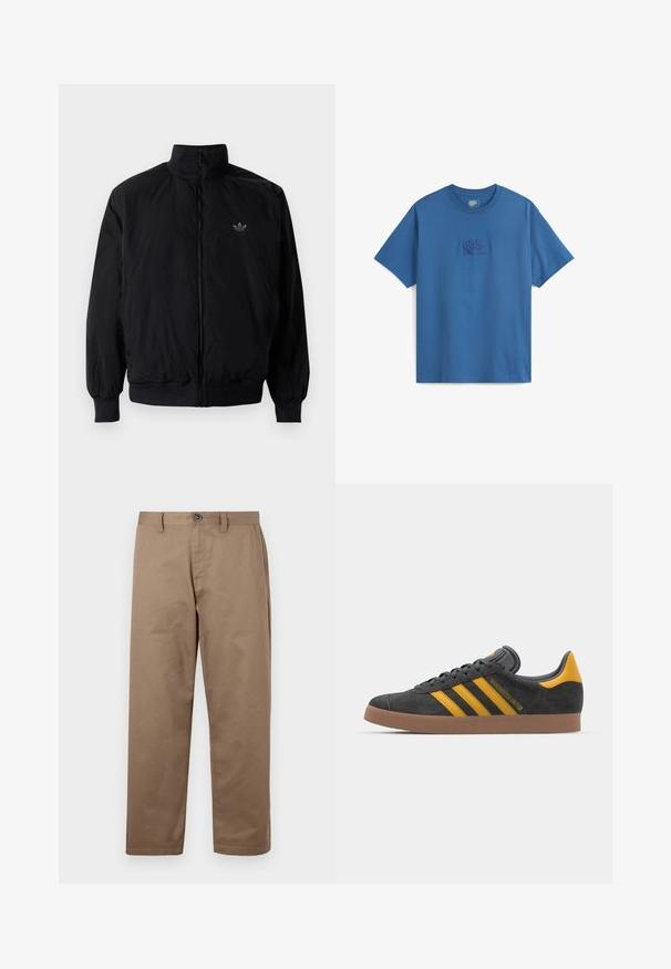 Giacca nera con zip e colletto alto, realizzata in materiale leggero. Presenta polsini e vita elastici, con un piccolo logo in alto a sinistra.; T-shirt in cotone blu con colletto rotondo, maniche corte e logo Vans ricamato su una patch rettangolare sul petto. Texture liscia.; Pantaloni in cotone marrone a gamba dritta, con chiusura a bottone, tasche laterali e una texture liscia. Senza motivi o dettagli visibili.; Sneaker in suede nero con dettagli gialli, dotato di tre strisce e una suola in gomma marrone. Include una linguetta imbottita per il comfort.