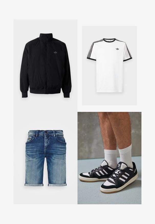 Crna jakna na zip s visokim ovratnikom, izrađena od laganog materijala. Ima elastične manžete i pojas, s malim logotipom na gornjem lijevom dijelu.; Bijela pamučna majica s crnim rebrastim izrezom i rukavima, s tri crne pruge na svakom ramenu i malim logom na prsima.; Traper šortsevi u srednje plavoj boji s blago istrošenim izgledom. Imaju uvrnute rukave, dizajn s pet džepova i metalno dugme za zatvaranje.; Crne i bijele tenisice s gornjim dijelom od antilopa i kože, s tri bijele pruge, perforiranim prstom i gumiranim potplatom.