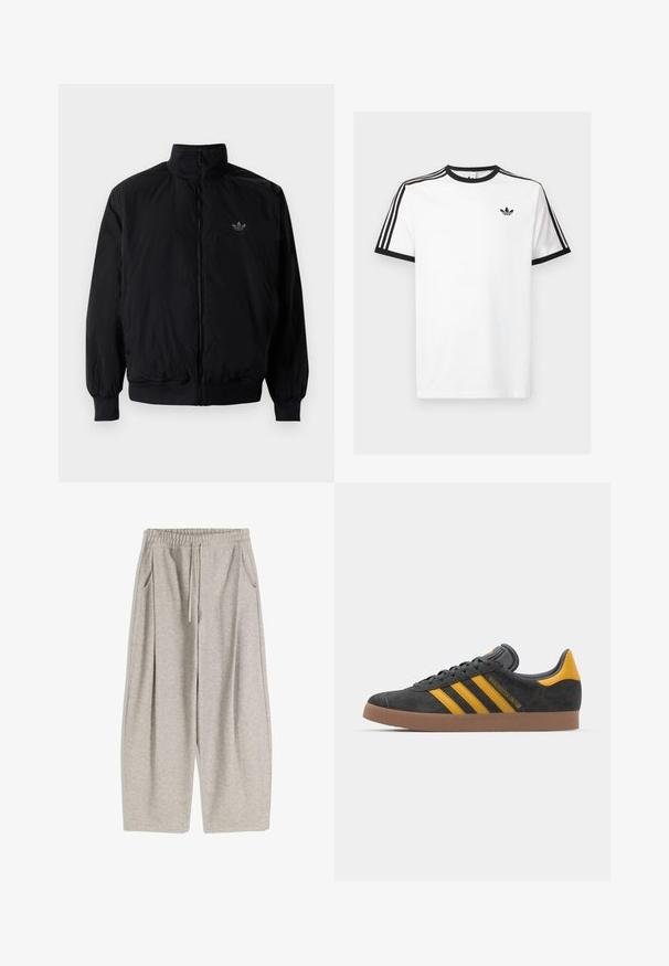 Czarna kurtka zapinana na zamek z wysokim kołnierzem, wykonana z lekkiego materiału. Posiada elastyczne mankiety i pas, oraz małe logo na górnej lewej stronie.; Biała bawełniana koszulka z czarnym ściągaczem przy dekolcie i rękawach, z trzema czarnymi paskami na każdym ramieniu oraz małym logo na klatce piersiowej.; Jasnoszare dresy z elastycznym pasem, regulowanym sznurkiem, dwoma bocznymi kieszeniami i luźnymi, rozszerzanymi nogawkami. Miękka faktura, plisowany wzór.; Czarne zamszowe sneakersy z żółtymi akcentami, z trzema paskami i brązową gumową podeszwą. Posiadają wyściełany język dla większego komfortu.