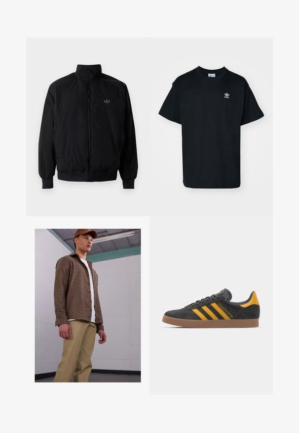 Black zipped jacket with high collar, made of lightweight material. Features elastic cuffs and waistband, with a small logo on the upper left.; Black cotton t-shirt with a crew neck and short sleeves, featuring a small white Adidas logo on the left chest area.; Brown checkered button-up shirt with long sleeves, paired with beige pants, worn over a white t-shirt. Model stands in a simple indoor setting.; Black suede sneaker with yellow accents, featuring three stripes and a brown rubber sole. Includes a padded tongue for comfort.