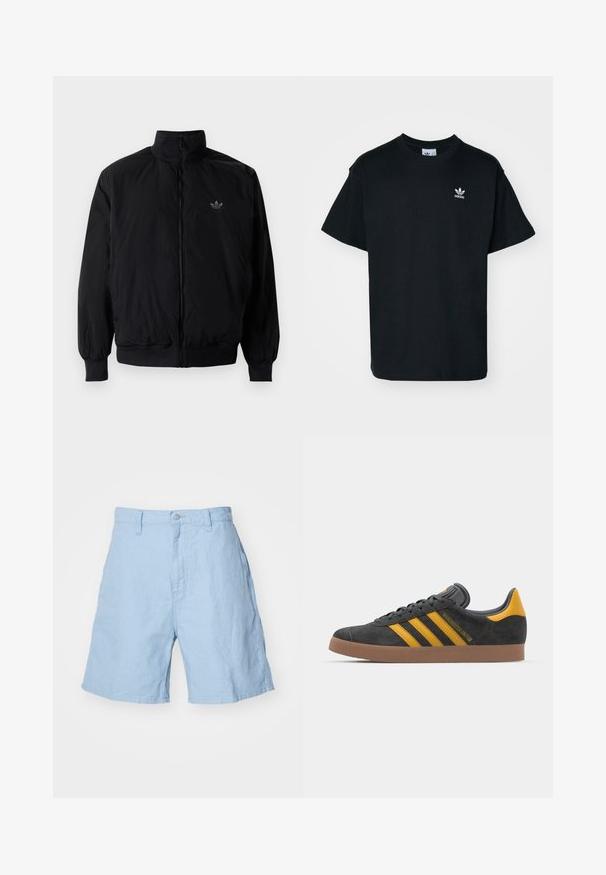 Black zipped jacket with high collar, made of lightweight material. Features elastic cuffs and waistband, with a small logo on the upper left.; Black cotton t-shirt with a crew neck and short sleeves, featuring a small white Adidas logo on the left chest area.; Light blue linen shorts with a button and zipper closure, featuring two side pockets and a relaxed fit. Crisp texture, mid-thigh length.; Black suede sneaker with yellow accents, featuring three stripes and a brown rubber sole. Includes a padded tongue for comfort.