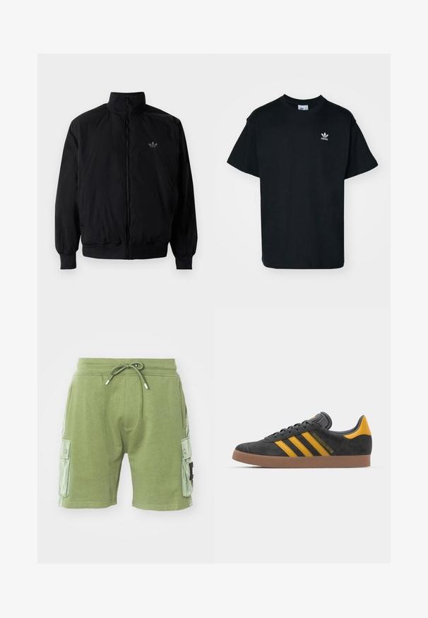 Black zipped jacket with high collar, made of lightweight material. Features elastic cuffs and waistband, with a small logo on the upper left.; Black cotton t-shirt with a crew neck and short sleeves, featuring a small white Adidas logo on the left chest area.; Green cotton shorts with elastic waistband and drawstring. Features two side cargo pockets and textured panel accents on the sides.; Black suede sneaker with yellow accents, featuring three stripes and a brown rubber sole. Includes a padded tongue for comfort.