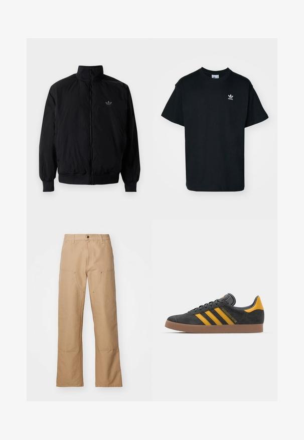 Czarna kurtka zapinana na zamek z wysokim kołnierzem, wykonana z lekkiego materiału. Posiada elastyczne mankiety i pas, oraz małe logo na górnej lewej stronie.; Czarna bawełniana koszulka z okrągłym dekoltem i krótkimi rękawami, z małym białym logo Adidas na lewej stronie klatki piersiowej.; Beżowe spodnie o szerokich nogawkach wykonane z płótna, z kieszeniami z przodu, złotymi detalami i płaskim przodem.; Czarne zamszowe sneakersy z żółtymi akcentami, z trzema paskami i brązową gumową podeszwą. Posiadają wyściełany język dla większego komfortu.