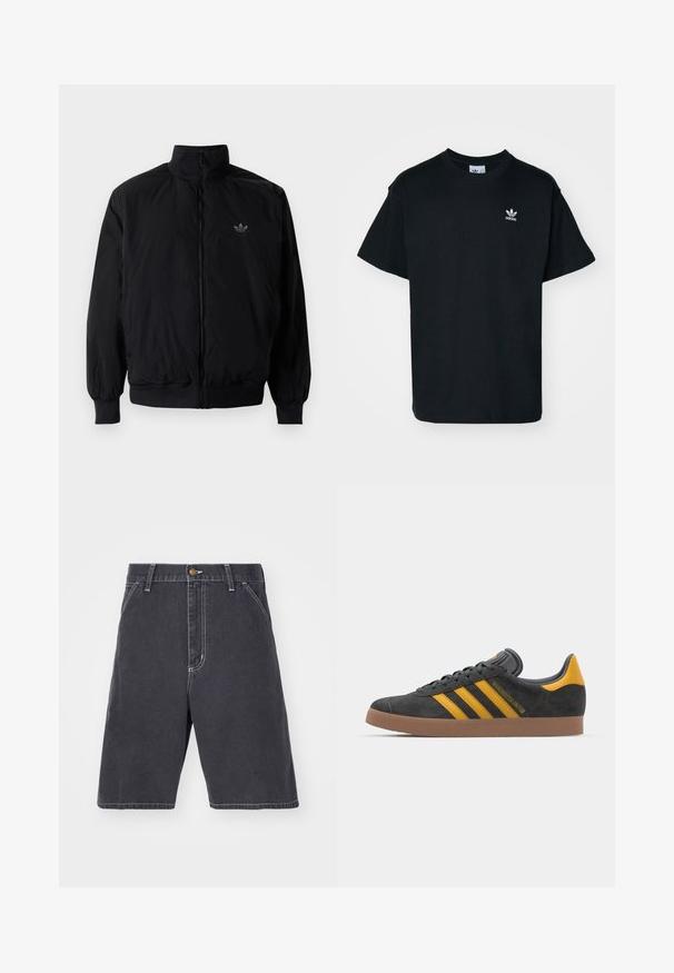 Black zipped jacket with high collar, made of lightweight material. Features elastic cuffs and waistband, with a small logo on the upper left.; Black cotton t-shirt with a crew neck and short sleeves, featuring a small white Adidas logo on the left chest area.; Dark gray denim shorts with a relaxed fit, featuring a button closure, belt loops, and subtle white stitching. No pockets visible.; Black suede sneaker with yellow accents, featuring three stripes and a brown rubber sole. Includes a padded tongue for comfort.