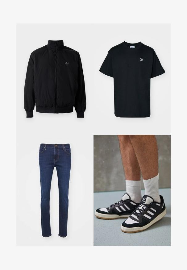 Musta vetoketjullinen takki, jossa on korkea kaulus, valmistettu kevyestä materiaalista. Varustettu joustavilla hihoilla ja vyötäröllä, ja ylävasemmalla on pieni logo.; Mustapuuterinen t-paita, jossa on pyöreä kaula-aukko ja lyhyet hihat. Vasemman rinnan alueella on pieni valkoinen Adidas-logo.; Tummansinisiä farkkuja, joissa on suora lahje, tavalliset taskut, nappikiinnitys ja vaaleanruskeat ompeleet.; Valkoiset ja mustat tennarit, joissa on mokkanahka- ja nahkapäällinen, kolme valkoista raitaa, rei'itetty kärki ja kumipohja.