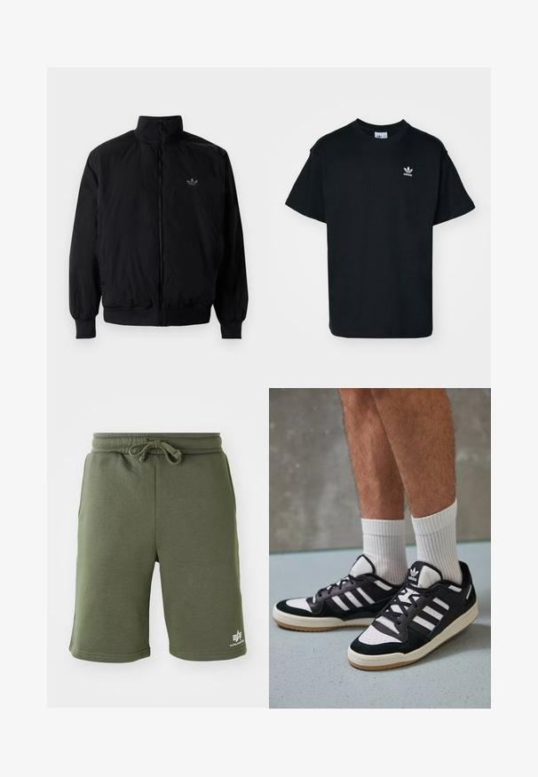 Black zipped jacket with high collar, made of lightweight material. Features elastic cuffs and waistband, with a small logo on the upper left.; Black cotton t-shirt with a crew neck and short sleeves, featuring a small white Adidas logo on the left chest area.; Olive green cotton shorts with an elastic waistband and drawstring. Features side pockets and a small logo on the lower leg.; Black and white sneakers with a suede and leather upper, featuring three white stripes, a perforated toe, and a gum rubber sole.