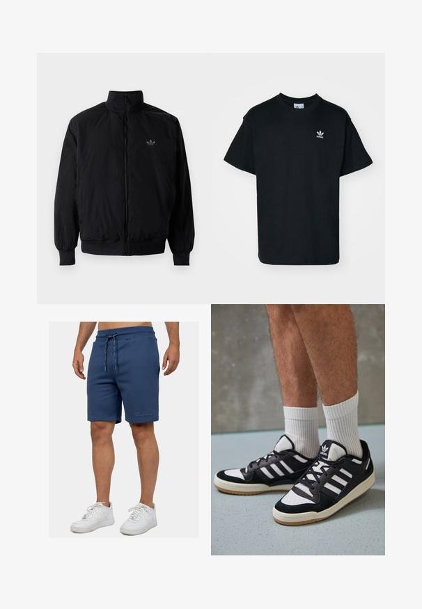 Black zipped jacket with high collar, made of lightweight material. Features elastic cuffs and waistband, with a small logo on the upper left.; Black cotton t-shirt with a crew neck and short sleeves, featuring a small white Adidas logo on the left chest area.; Navy blue athletic shorts with an elastic waistband, drawstring, and two side pockets; soft texture with subtle logo detailing on the hem.; Black and white sneakers with a suede and leather upper, featuring three white stripes, a perforated toe, and a gum rubber sole.