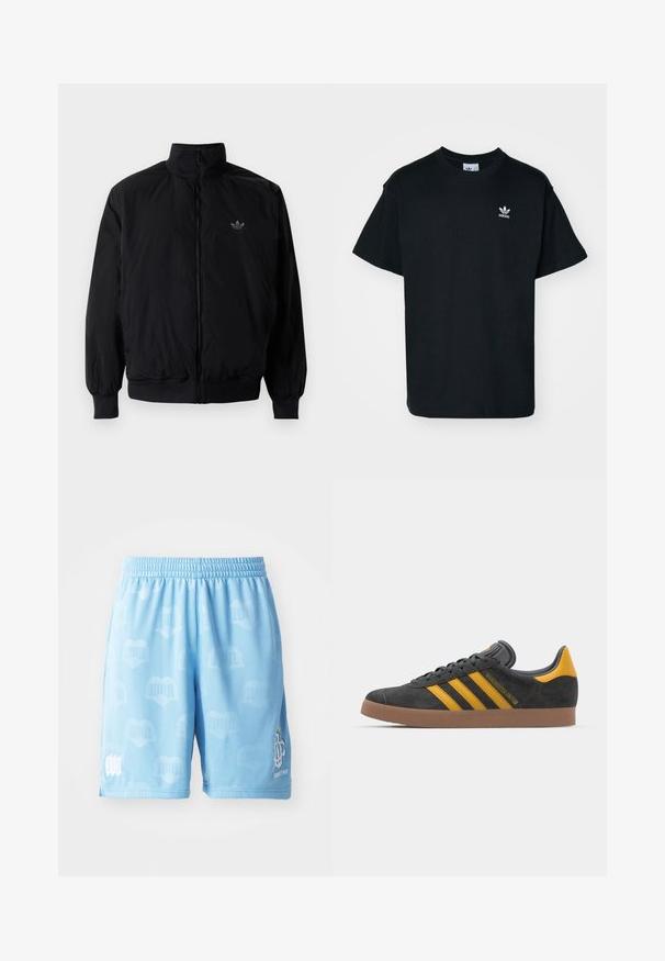 Black zipped jacket with high collar, made of lightweight material. Features elastic cuffs and waistband, with a small logo on the upper left.; Black cotton t-shirt with a crew neck and short sleeves, featuring a small white Adidas logo on the left chest area.; Light blue athletic shorts made of smooth fabric, featuring a subtle pattern, an elastic waistband, and printed logo accents on one leg.; Black suede sneaker with yellow accents, featuring three stripes and a brown rubber sole. Includes a padded tongue for comfort.