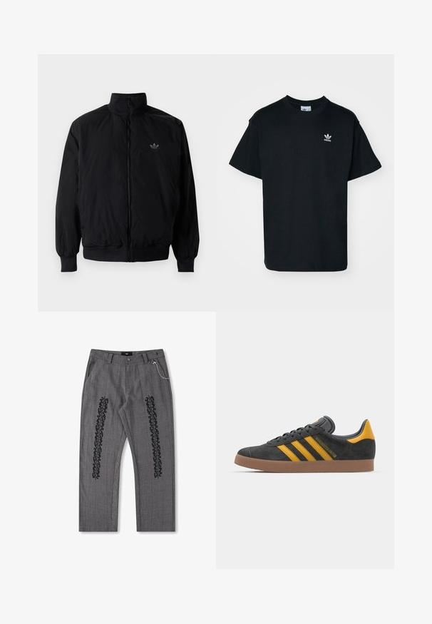 Schwarze Jacke mit Reißverschluss und hohem Kragen, aus leichtem Material gefertigt. Verfügt über elastische Bündchen und einen elastischen Saum, mit einem kleinen Logo oben links.; Schwarzes Baumwoll-T-Shirt mit Rundhalsausschnitt und kurzen Ärmeln, das ein kleines weißes Adidas-Logo auf der linken Brustseite trägt.; Grau karierte Hose mit schwarzem Textdetail an den Seiten, mit einer Kette als Akzent am Bund. Gerade Beinform, strukturiertes Material.; Schwarze Wildledersneaker mit gelben Akzenten, ausgestattet mit drei Streifen und einer braunen Gummisohle. Enthält eine gepolsterte Zunge für zusätzlichen Komfort.