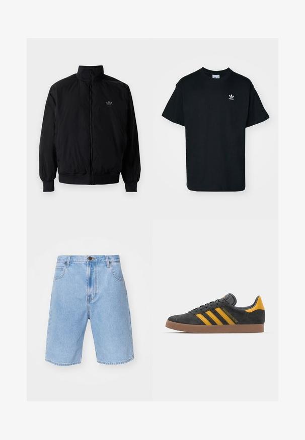 Musta vetoketjullinen takki, jossa on korkea kaulus, valmistettu kevyestä materiaalista. Varustettu joustavilla hihoilla ja vyötäröllä, ja ylävasemmalla on pieni logo.; Mustapuuterinen t-paita, jossa on pyöreä kaula-aukko ja lyhyet hihat. Vasemman rinnan alueella on pieni valkoinen Adidas-logo.; Vaaleansiniset farkkushortsit, joissa on klassinen suora leikkaus, viisi taskua ja edessä napitus. Sisältää hienovaraisia haalistumisia ja ompeluyksityiskohtia.; Mustat samettiset tennarit, joissa on keltaisia yksityiskohtia, kolmonen raita ja ruskea kumipohja. Sisältää pehmustetun kielisen mukavuutta varten.