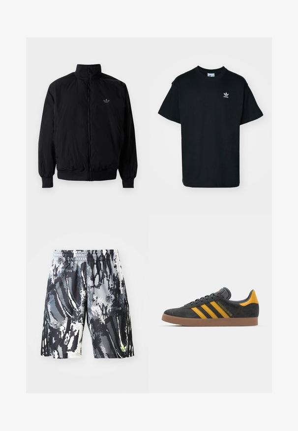 Black zipped jacket with high collar, made of lightweight material. Features elastic cuffs and waistband, with a small logo on the upper left.; Black cotton t-shirt with a crew neck and short sleeves, featuring a small white Adidas logo on the left chest area.; Black and gray patterned athletic shorts with an elastic waistband, featuring a digital abstract design and a small neon accent.; Black suede sneaker with yellow accents, featuring three stripes and a brown rubber sole. Includes a padded tongue for comfort.