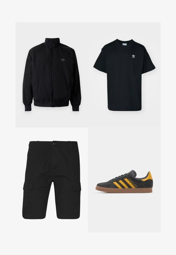 Black zipped jacket with high collar, made of lightweight material. Features elastic cuffs and waistband, with a small logo on the upper left.; Black cotton t-shirt with a crew neck and short sleeves, featuring a small white Adidas logo on the left chest area.; Black cargo shorts with a straight cut, featuring two side pockets, contrasting stitching, and a button closure at the waist.; Black suede sneaker with yellow accents, featuring three stripes and a brown rubber sole. Includes a padded tongue for comfort.