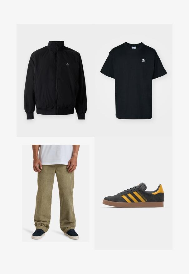 Sort lynlåsjakke med høj krave, fremstillet af letvægtsmateriale. Har elastiske manchetter og talje, med et lille logo på øverste venstre side.; Sorte bomulds T-shirt med rund hals og korte ærmer, prydet med et lille hvidt Adidas-logo på venstre brystområde.; Olivenfarvede kordfløjlsbukser med en afslappet pasform, der har lige ben, sidelommer og synlig tekstur fra rillet stof.; Sort suedet sneaker med gule accenter, der har tre striber og en brun gummisål. Inkluderer en polstret tunge for komfort.