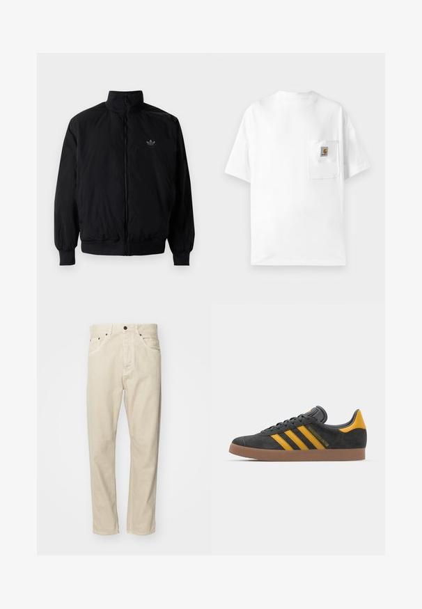 Black zipped jacket with high collar, made of lightweight material. Features elastic cuffs and waistband, with a small logo on the upper left.; White cotton t-shirt with a round neck, short sleeves, and a chest pocket featuring a logo patch. Minimalist design and seamless texture.; Beige, cotton pants with a straight-leg design, five pockets, and metal hardware accents. Smooth texture with minimal stitching details.; Black suede sneaker with yellow accents, featuring three stripes and a brown rubber sole. Includes a padded tongue for comfort.