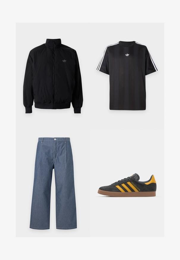 Schwarze Jacke mit Reißverschluss und hohem Kragen, aus leichtem Material gefertigt. Verfügt über elastische Bündchen und einen elastischen Saum, mit einem kleinen Logo oben links.; Schwarzes T-Shirt mit kurzen Ärmeln und weißen drei Streifen an den Schultern sowie einem kleinen weißen Logo auf der Brust. Glatte Stofftextur.; Leichte Denim-Hosen in einer dunklen Blaunuance, mit hoher Taille, weiten Beinen, vorderen Falten und einem Knopfverschluss.; Schwarze Wildledersneaker mit gelben Akzenten, ausgestattet mit drei Streifen und einer braunen Gummisohle. Enthält eine gepolsterte Zunge für zusätzlichen Komfort.