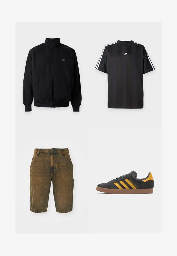 Crna jakna na zip s visokim ovratnikom, izrađena od laganog materijala. Ima elastične manžete i pojas, s malim logotipom na gornjem lijevom dijelu.; Crna majica kratkih rukava s bijelim trostrukim detaljima na ramenima i malim bijelim logotipom na prsima. Glatka tekstura tkanine.; Traper šortsevi u izblijedjelo smeđoj boji s blagim istrošenim teksturom. Imaju petlje za pojas, prednje džepove i bočni cargo džep.; Crne nubuk tenisice s žutim detaljima, sa tri pruge i smešnim gumenim potplatom. Imaju jastučić na jeziku za udobnost.