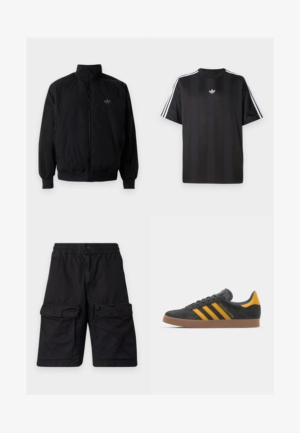 Musta vetoketjullinen takki, jossa on korkea kaulus, valmistettu kevyestä materiaalista. Varustettu joustavilla hihoilla ja vyötäröllä, ja ylävasemmalla on pieni logo.; Musta lyhythihainen T-paita, jossa valkoiset kolmioviivain yksityiskohdat hartioissa ja pieni valkoinen logo rinnassa. Silkkinen kangastuntuma.; Mustat shortsit, jotka on valmistettu kestävästä kankaasta, joustavalla vyötäröllä, kaksi suurta cargo-taskua kummallakin puolella ja ommeltu yksityiskohtia.; Mustat samettiset tennarit, joissa on keltaisia yksityiskohtia, kolmonen raita ja ruskea kumipohja. Sisältää pehmustetun kielisen mukavuutta varten.