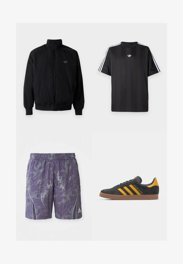 Czarna kurtka zapinana na zamek z wysokim kołnierzem, wykonana z lekkiego materiału. Posiada elastyczne mankiety i pas, oraz małe logo na górnej lewej stronie.; Czarna koszulka z krótkim rękawem z białymi, trzema paskami na ramionach oraz małym białym logotypem na klatce piersiowej. Gładka tekstura materiału.; Fioletowe szorty sportowe z abstrakcyjnymi srebrnymi wzorami, elastycznym pasem, bocznymi lamówkami i logo Adidas na dolnej części prawej nogawki.; Czarne zamszowe sneakersy z żółtymi akcentami, z trzema paskami i brązową gumową podeszwą. Posiadają wyściełany język dla większego komfortu.