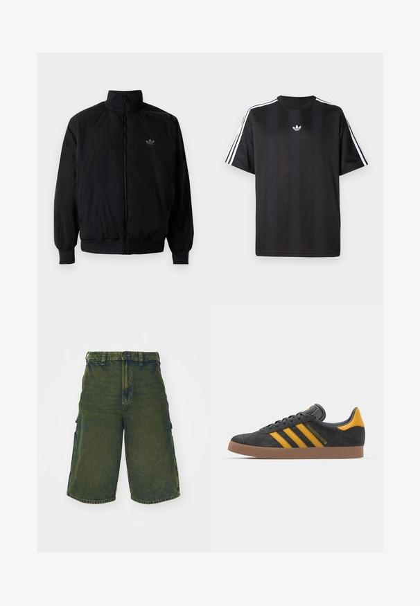 Black zipped jacket with high collar, made of lightweight material. Features elastic cuffs and waistband, with a small logo on the upper left.; Black short-sleeve t-shirt with white three-stripe detailing on shoulders and a small white logo on the chest. Smooth fabric texture.; Green denim cargo shorts with a relaxed fit, featuring side pockets and a button closure. Distressed texture and straight cut.; Black suede sneaker with yellow accents, featuring three stripes and a brown rubber sole. Includes a padded tongue for comfort.