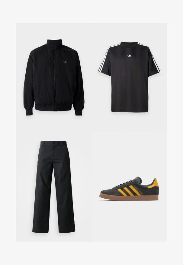 Black zipped jacket with high collar, made of lightweight material. Features elastic cuffs and waistband, with a small logo on the upper left.; Black short-sleeve t-shirt with white three-stripe detailing on shoulders and a small white logo on the chest. Smooth fabric texture.; Black wide-leg trousers made of cotton. Features a button closure, belt loops, and side pockets. Smooth texture with a tailored cut.; Black suede sneaker with yellow accents, featuring three stripes and a brown rubber sole. Includes a padded tongue for comfort.