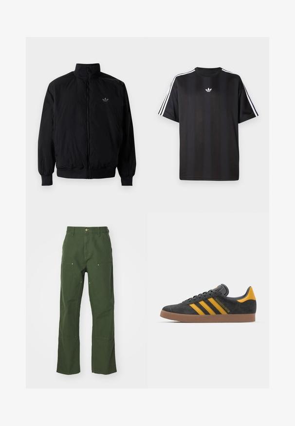 Musta vetoketjullinen takki, jossa on korkea kaulus, valmistettu kevyestä materiaalista. Varustettu joustavilla hihoilla ja vyötäröllä, ja ylävasemmalla on pieni logo.; Musta lyhythihainen T-paita, jossa valkoiset kolmioviivain yksityiskohdat hartioissa ja pieni valkoinen logo rinnassa. Silkkinen kangastuntuma.; Vihreät puuvillahousut suoranlahkeisella muotoilulla, joissa on etu- ja takataskut, kultapintaiset yksityiskohdat ja vahvistetut polvipaikat.; Mustat samettiset tennarit, joissa on keltaisia yksityiskohtia, kolmonen raita ja ruskea kumipohja. Sisältää pehmustetun kielisen mukavuutta varten.