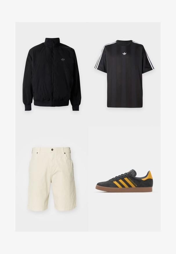 Black zipped jacket with high collar, made of lightweight material. Features elastic cuffs and waistband, with a small logo on the upper left.; Black short-sleeve t-shirt with white three-stripe detailing on shoulders and a small white logo on the chest. Smooth fabric texture.; Beige cotton shorts with a straight cut, featuring a zipper fly, front pockets, and stitched hem. Smooth texture and minimalistic design.; Black suede sneaker with yellow accents, featuring three stripes and a brown rubber sole. Includes a padded tongue for comfort.
