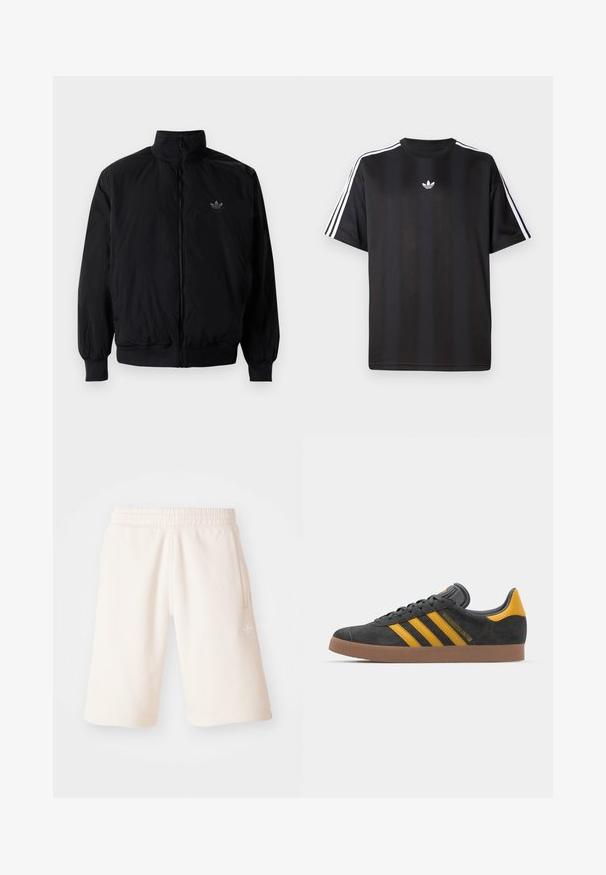 Černá zipová bunda s vysokým límcem, vyrobená z lehkého materiálu. Má elastické manžety a pas, s malým logem na horní levé straně.; Černé tričko s krátkým rukávem s bílými třemi pruhy na ramenou a malým bílým logem na hrudi. Hladká textilie.; Krémové bavlněné kraťasy s elastickým pasem, bočními kapsami a decentním logem na levé noze. Hladká struktura a délka do kolen.; Černé semišové tenisky se žlutými akcenty, vybavené třemi pruhy a hnědou gumovou podrážkou. Obsahují polstrovaný jazyk pro pohodlí.