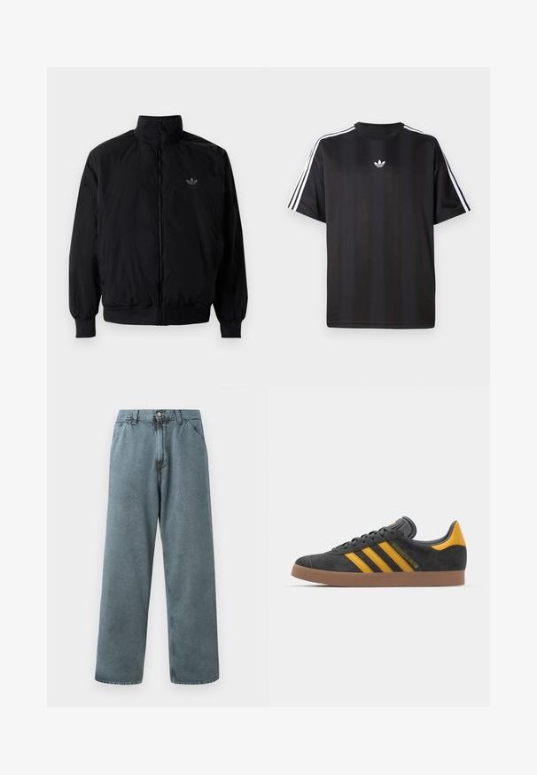 Black zipped jacket with high collar, made of lightweight material. Features elastic cuffs and waistband, with a small logo on the upper left.; Black short-sleeve t-shirt with white three-stripe detailing on shoulders and a small white logo on the chest. Smooth fabric texture.; Light blue denim trousers with a straight-leg fit, featuring a classic button closure and five-pocket design. Soft texture and minimal stitching details.; Black suede sneaker with yellow accents, featuring three stripes and a brown rubber sole. Includes a padded tongue for comfort.