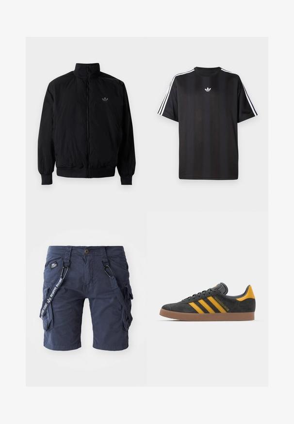 Black zipped jacket with high collar, made of lightweight material. Features elastic cuffs and waistband, with a small logo on the upper left.; Black short-sleeve t-shirt with white three-stripe detailing on shoulders and a small white logo on the chest. Smooth fabric texture.; Navy blue cargo shorts made of cotton blend fabric, featuring multiple pockets, adjustable straps, and a woven label with text accents.; Black suede sneaker with yellow accents, featuring three stripes and a brown rubber sole. Includes a padded tongue for comfort.