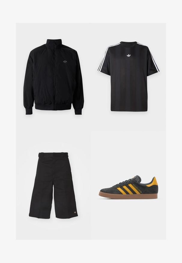 Musta vetoketjullinen takki, jossa on korkea kaulus, valmistettu kevyestä materiaalista. Varustettu joustavilla hihoilla ja vyötäröllä, ja ylävasemmalla on pieni logo.; Musta lyhythihainen T-paita, jossa valkoiset kolmioviivain yksityiskohdat hartioissa ja pieni valkoinen logo rinnassa. Silkkinen kangastuntuma.; Mustat leveät shortsit, jotka on valmistettu kestävästä kankaasta. Ominaisuuksiin kuuluu sileä pinta ja pieni logo helmassa. Vyötärössä on neljä vyölenkkiä.; Mustat samettiset tennarit, joissa on keltaisia yksityiskohtia, kolmonen raita ja ruskea kumipohja. Sisältää pehmustetun kielisen mukavuutta varten.