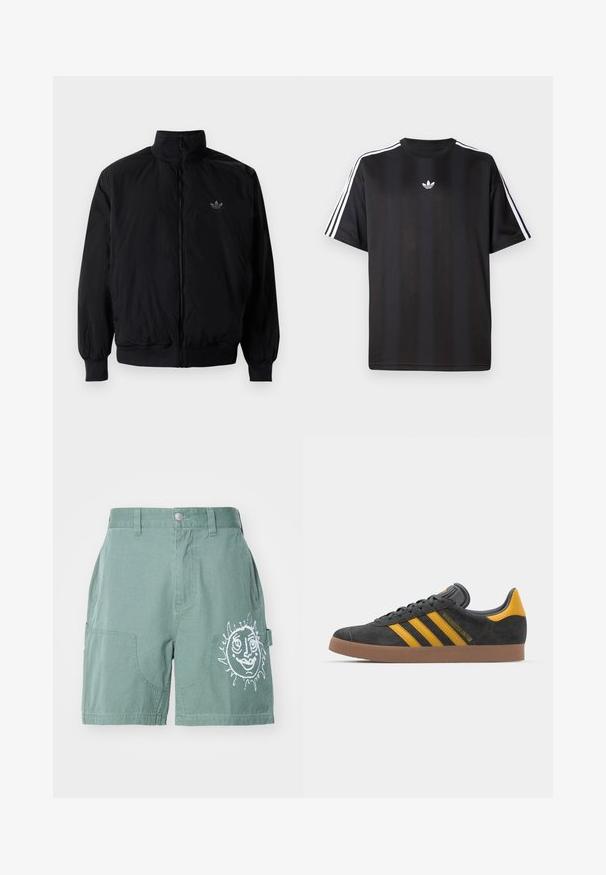 Crna jakna na zip s visokim ovratnikom, izrađena od laganog materijala. Ima elastične manžete i pojas, s malim logotipom na gornjem lijevom dijelu.; Crna majica kratkih rukava s bijelim trostrukim detaljima na ramenima i malim bijelim logotipom na prsima. Glatka tekstura tkanine.; Zelena pamučna kratka hlače s opuštenim krojem, s dva prednja džepa i bijelim grafičkim motivom sunca na desnoj nozi. Jednostavan rub, bez uzoraka.; Crne nubuk tenisice s žutim detaljima, sa tri pruge i smešnim gumenim potplatom. Imaju jastučić na jeziku za udobnost.