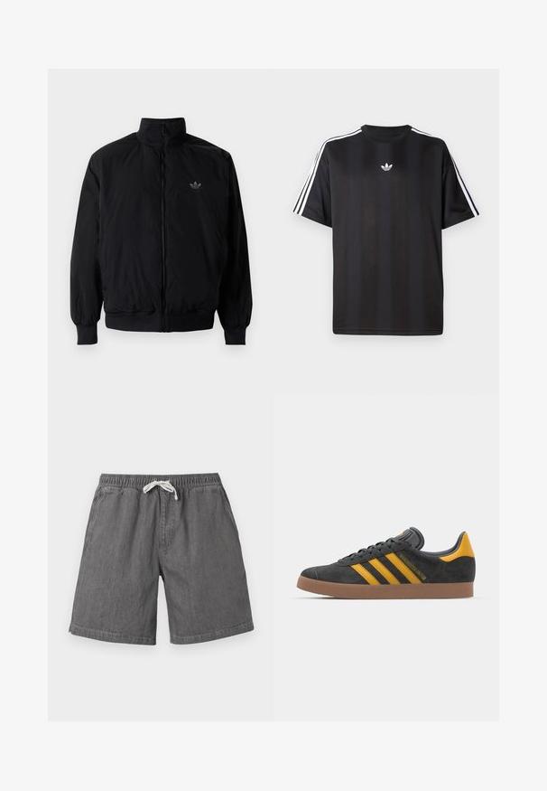 Čierna zips kombinéza s vysokým golierom, vyrobená z ľahkého materiálu. Obsahuje elastické manžety a pás, s malým logom na hornej ľavej strane.; Čierne tričko s krátkym rukávom a bielymi trojpruhmi na pleciach a malým bielym logom na hrudi. Hladká textúra látky.; Sivé džínsy s krátkym strihom a šnúrkou v páse, bočnými vreckami a voľným strihom. Majú hladkú textúru a upravený spodný lem.; Čierne semišové tenisky so žltými akcentmi, ktoré majú tri pruhy a hnedú gumovú podrážku. Obsahujú vypolstrovaný jazyk pre pohodlie.