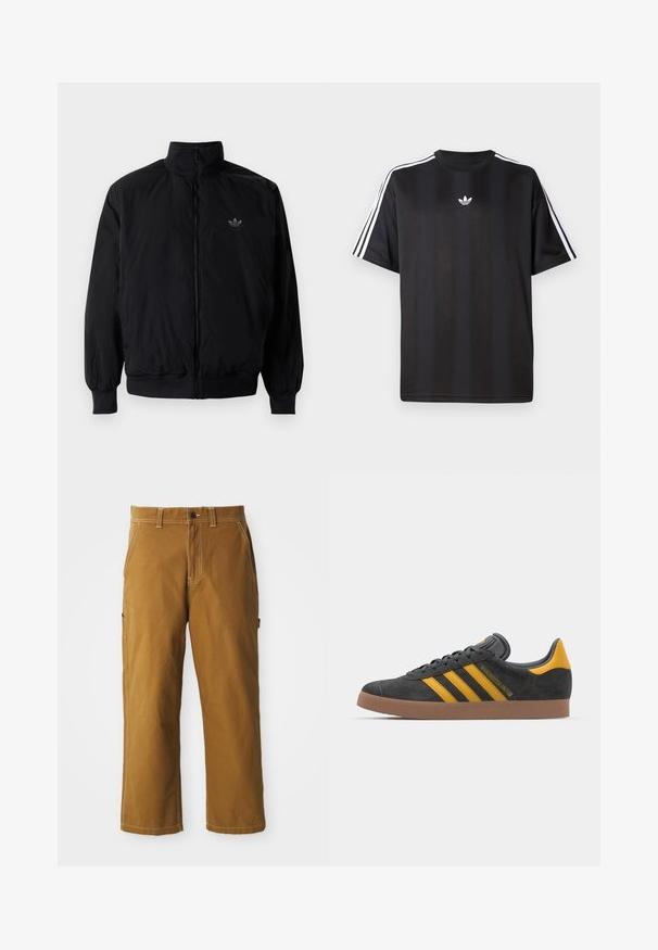 Sort lynlåsjakke med høj krave, fremstillet af letvægtsmateriale. Har elastiske manchetter og talje, med et lille logo på øverste venstre side.; Sort kortærmet t-shirt med hvid tre-stribe detaljer på skuldrene og et lille hvidt logo på brystet. Glat stofstruktur.; Brune bomuldsbukser med lige pasform, forstærkede sømme og sidelommer. Har en knaplukning og bæltestropper i taljen.; Sort suedet sneaker med gule accenter, der har tre striber og en brun gummisål. Inkluderer en polstret tunge for komfort.
