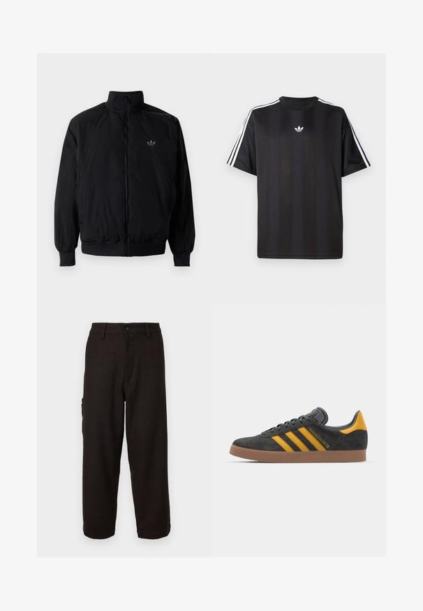 Black zipped jacket with high collar, made of lightweight material. Features elastic cuffs and waistband, with a small logo on the upper left.; Black short-sleeve t-shirt with white three-stripe detailing on shoulders and a small white logo on the chest. Smooth fabric texture.; Black pants with a herringbone pattern, a straight cut, button closure, and side pockets for functionality. Soft texture, tailored fit.; Black suede sneaker with yellow accents, featuring three stripes and a brown rubber sole. Includes a padded tongue for comfort.