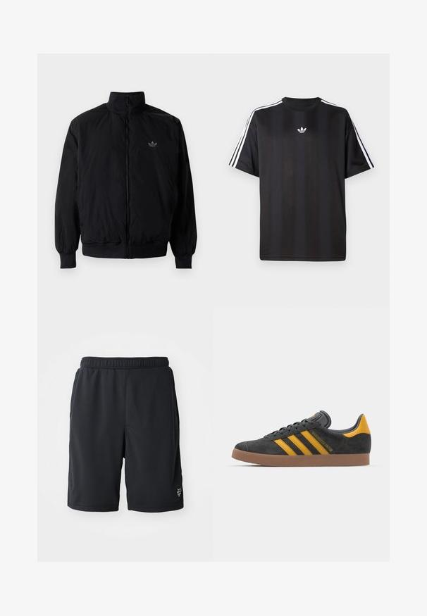 Musta vetoketjullinen takki, jossa on korkea kaulus, valmistettu kevyestä materiaalista. Varustettu joustavilla hihoilla ja vyötäröllä, ja ylävasemmalla on pieni logo.; Musta lyhythihainen T-paita, jossa valkoiset kolmioviivain yksityiskohdat hartioissa ja pieni valkoinen logo rinnassa. Silkkinen kangastuntuma.; Mustat urheilushortsit hengittävästä verkkomateriaalista, jossa on joustava vyötärö ja huomaamaton logotulos alareunassa oikealla puolella.; Mustat samettiset tennarit, joissa on keltaisia yksityiskohtia, kolmonen raita ja ruskea kumipohja. Sisältää pehmustetun kielisen mukavuutta varten.