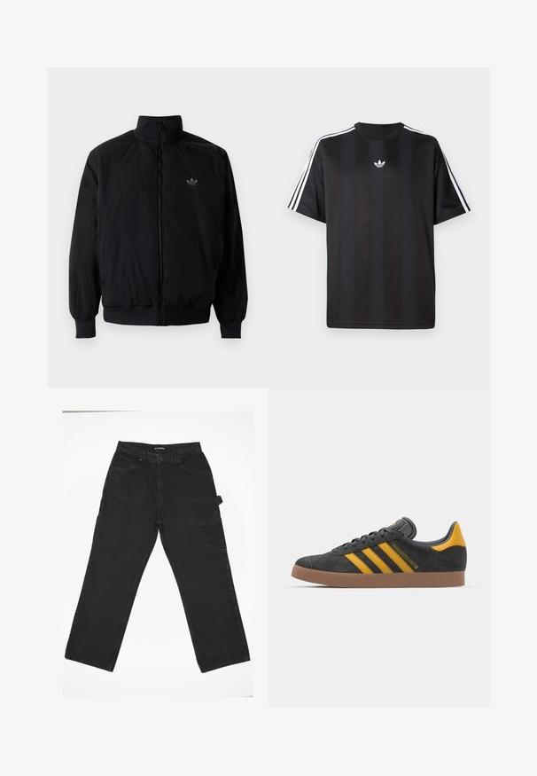 Crna jakna na zip s visokim ovratnikom, izrađena od laganog materijala. Ima elastične manžete i pojas, s malim logotipom na gornjem lijevom dijelu.; Crna majica kratkih rukava s bijelim trostrukim detaljima na ramenima i malim bijelim logotipom na prsima. Glatka tekstura tkanine.; Crne traper hlače ravnog kroja, s prednjim zatvaranjem na dugme, stražnjim džepovima i bočnim cargo džepom.; Crne nubuk tenisice s žutim detaljima, sa tri pruge i smešnim gumenim potplatom. Imaju jastučić na jeziku za udobnost.