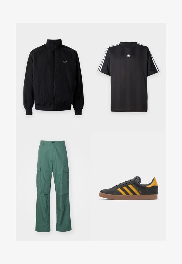Giacca nera con zip e colletto alto, realizzata in materiale leggero. Presenta polsini e vita elastici, con un piccolo logo in alto a sinistra.; Maglietta nera a maniche corte con dettagli bianchi a tre strisce sulle spalle e un piccolo logo bianco sul petto. Tessuto dalla texture liscia.; Pantaloni cargo di colore verde scuro, realizzati in un tessuto texture. Le caratteristiche includono tasche laterali per il cargo e una vestibilità dritta con chiusura a bottone.; Sneaker in suede nero con dettagli gialli, dotato di tre strisce e una suola in gomma marrone. Include una linguetta imbottita per il comfort.