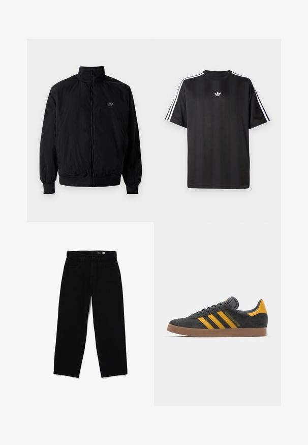 Giacca nera con zip e colletto alto, realizzata in materiale leggero. Presenta polsini e vita elastici, con un piccolo logo in alto a sinistra.; Maglietta nera a maniche corte con dettagli bianchi a tre strisce sulle spalle e un piccolo logo bianco sul petto. Tessuto dalla texture liscia.; Jeans dritti in denim nero con chiusura a bottone, cinque tasche e una texture liscia. Etichetta visibile all'interno della cintura che mostra la taglia 32.; Sneaker in suede nero con dettagli gialli, dotato di tre strisce e una suola in gomma marrone. Include una linguetta imbottita per il comfort.