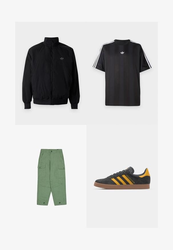 Čierna zips kombinéza s vysokým golierom, vyrobená z ľahkého materiálu. Obsahuje elastické manžety a pás, s malým logom na hornej ľavej strane.; Čierne tričko s krátkym rukávom a bielymi trojpruhmi na pleciach a malým bielym logom na hrudi. Hladká textúra látky.; Zelené cargo nohavice s voľným strihom, dvoma veľkými bočnými vreckami a nastaviteľnými manžetami na členkoch. Vyrobené z texturovanej bavlnenej látky.; Čierne semišové tenisky so žltými akcentmi, ktoré majú tri pruhy a hnedú gumovú podrážku. Obsahujú vypolstrovaný jazyk pre pohodlie.