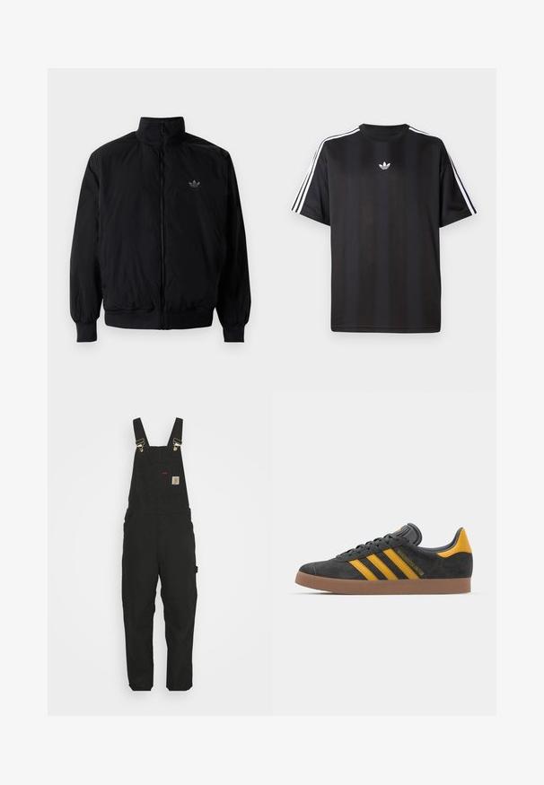 Crna jakna na zip s visokim ovratnikom, izrađena od laganog materijala. Ima elastične manžete i pojas, s malim logotipom na gornjem lijevom dijelu.; Crna majica kratkih rukava s bijelim trostrukim detaljima na ramenima i malim bijelim logotipom na prsima. Glatka tekstura tkanine.; Crne pamučne kombinezonske hlače s podesivim naramenicama, prednjim džepom s logom i dva bočna džepa, u opuštenom kroju.; Crne nubuk tenisice s žutim detaljima, sa tri pruge i smešnim gumenim potplatom. Imaju jastučić na jeziku za udobnost.