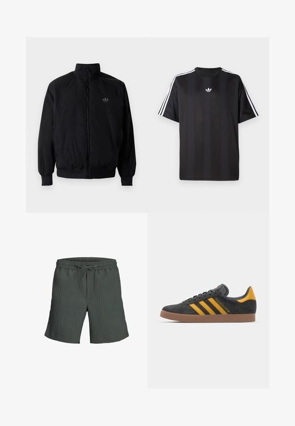 Schwarze Jacke mit Reißverschluss und hohem Kragen, aus leichtem Material gefertigt. Verfügt über elastische Bündchen und einen elastischen Saum, mit einem kleinen Logo oben links.; Schwarzes T-Shirt mit kurzen Ärmeln und weißen drei Streifen an den Schultern sowie einem kleinen weißen Logo auf der Brust. Glatte Stofftextur.; Dunkelgrüne, gerippte Shorts mit elastischem Bund und Kordelzug. Die lockere Passform sorgt für Komfort und Bewegungsfreiheit.; Schwarze Wildledersneaker mit gelben Akzenten, ausgestattet mit drei Streifen und einer braunen Gummisohle. Enthält eine gepolsterte Zunge für zusätzlichen Komfort.