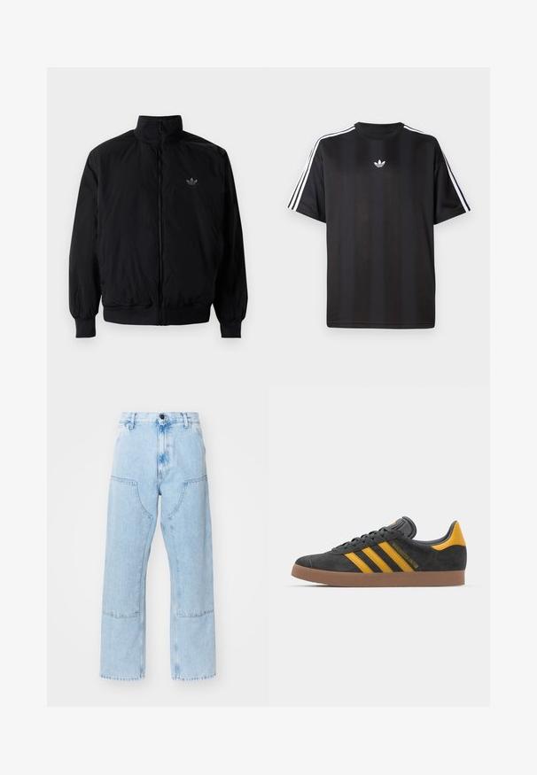 Crna jakna na zip s visokim ovratnikom, izrađena od laganog materijala. Ima elastične manžete i pojas, s malim logotipom na gornjem lijevom dijelu.; Crna majica kratkih rukava s bijelim trostrukim detaljima na ramenima i malim bijelim logotipom na prsima. Glatka tekstura tkanine.; Svijetloplave traperice ravnog kroja s velikim prednjim džepovima i kontrastnim šavovima. Tkanina ima izblijeđenu, meku teksturu.; Crne nubuk tenisice s žutim detaljima, sa tri pruge i smešnim gumenim potplatom. Imaju jastučić na jeziku za udobnost.
