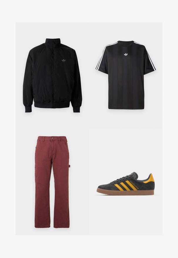 Crna jakna na zip s visokim ovratnikom, izrađena od laganog materijala. Ima elastične manžete i pojas, s malim logotipom na gornjem lijevom dijelu.; Crna majica kratkih rukava s bijelim trostrukim detaljima na ramenima i malim bijelim logotipom na prsima. Glatka tekstura tkanine.; Muške ravne radne hlače u tamnocrvenoj boji s prednjim džepovima, petljama za remen, dugmetom, zatvaranjem na patentni zatvarač i bočnom petljom za alat.; Crne nubuk tenisice s žutim detaljima, sa tri pruge i smešnim gumenim potplatom. Imaju jastučić na jeziku za udobnost.