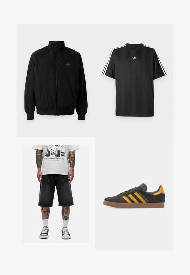 Czarna kurtka zapinana na zamek z wysokim kołnierzem, wykonana z lekkiego materiału. Posiada elastyczne mankiety i pas, oraz małe logo na górnej lewej stronie.; Czarna koszulka z krótkim rękawem z białymi, trzema paskami na ramionach oraz małym białym logotypem na klatce piersiowej. Gładka tekstura materiału.; Good For Nothing - Szorty jeansowe; Czarne zamszowe sneakersy z żółtymi akcentami, z trzema paskami i brązową gumową podeszwą. Posiadają wyściełany język dla większego komfortu.