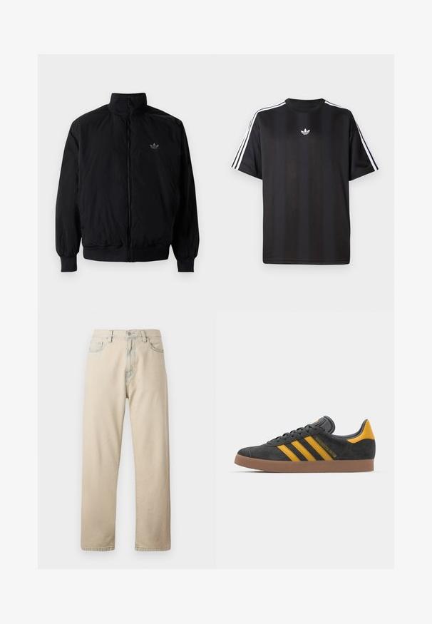 Black zipped jacket with high collar, made of lightweight material. Features elastic cuffs and waistband, with a small logo on the upper left.; Black short-sleeve t-shirt with white three-stripe detailing on shoulders and a small white logo on the chest. Smooth fabric texture.; Light beige denim jeans with a straight leg, five pockets, and a button closure. Features subtle fading on the fabric and a classic design.; Black suede sneaker with yellow accents, featuring three stripes and a brown rubber sole. Includes a padded tongue for comfort.
