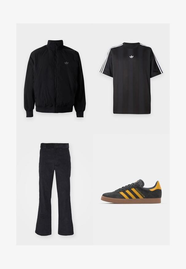 Black zipped jacket with high collar, made of lightweight material. Features elastic cuffs and waistband, with a small logo on the upper left.; Black short-sleeve t-shirt with white three-stripe detailing on shoulders and a small white logo on the chest. Smooth fabric texture.; Black corduroy pants with a relaxed fit, featuring a classic waistband and flared legs, soft texture, and no visible patterns or accents.; Black suede sneaker with yellow accents, featuring three stripes and a brown rubber sole. Includes a padded tongue for comfort.