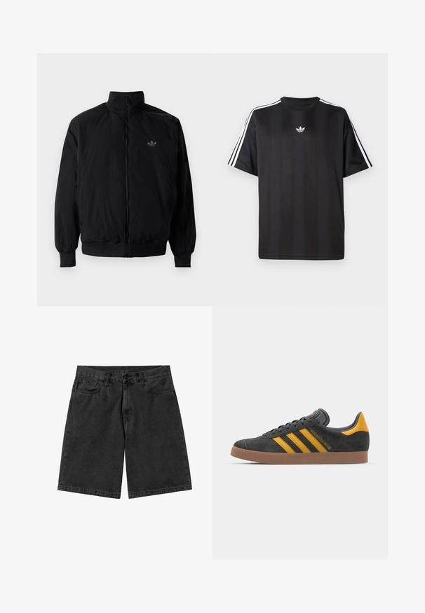 Black zipped jacket with high collar, made of lightweight material. Features elastic cuffs and waistband, with a small logo on the upper left.; Black short-sleeve t-shirt with white three-stripe detailing on shoulders and a small white logo on the chest. Smooth fabric texture.; Black denim shorts with a straight leg cut, five pockets, and a button closure. Smooth texture with minimal fading and stitching detail.; Black suede sneaker with yellow accents, featuring three stripes and a brown rubber sole. Includes a padded tongue for comfort.