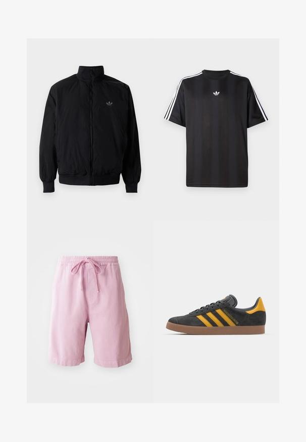 Black zipped jacket with high collar, made of lightweight material. Features elastic cuffs and waistband, with a small logo on the upper left.; Black short-sleeve t-shirt with white three-stripe detailing on shoulders and a small white logo on the chest. Smooth fabric texture.; Light pink shorts made of cotton, featuring an elastic waistband with a drawstring, and straight cut legs with stitched hem details.; Black suede sneaker with yellow accents, featuring three stripes and a brown rubber sole. Includes a padded tongue for comfort.