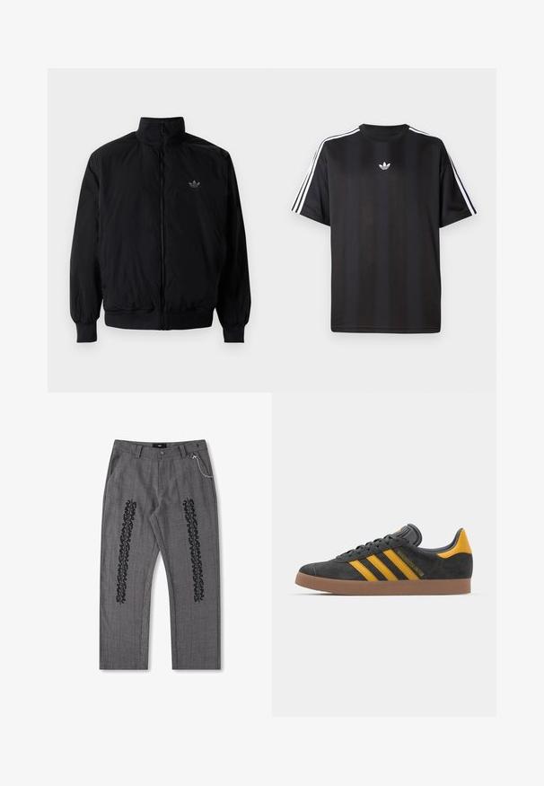 Čierna zips kombinéza s vysokým golierom, vyrobená z ľahkého materiálu. Obsahuje elastické manžety a pás, s malým logom na hornej ľavej strane.; Čierne tričko s krátkym rukávom a bielymi trojpruhmi na pleciach a malým bielym logom na hrudi. Hladká textúra látky.; Sivé kárované nohavice s čiernym textovým detailom po stranách, s retiazkou ako akcentom na páse. Priame nohavice, textúrovaná látka.; Čierne semišové tenisky so žltými akcentmi, ktoré majú tri pruhy a hnedú gumovú podrážku. Obsahujú vypolstrovaný jazyk pre pohodlie.
